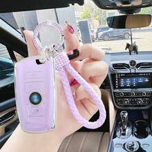 Rhinestone BMW Car Accessories, Korean Style Sakura Pink Leather Braided Keychain/Upgraded Scratch-Resistant Shockproof Keychain Shell, Compatible With BMW X1 X3 X4 X5 X6 1 2 4 5 6 7 M3 M5 M6 GT3 GT5, G30 F10 F15 F16 F20 Smart Key Fob - Pink Diamond Rope - View 3