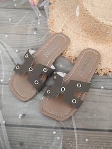 1 Pair Girls Open Toe PU Leather Flat Non-Slip Bottom Slide Sandals, Comfortable Fashion Suitable For Summer Outdoor, Beach