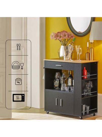 SoBuy FKW113 SCH, Kitchen Trolley Cart Storage Serving Cabinet Microwave Cabinet, Zwart view 9