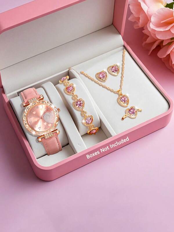 SOKI SOKI 6 pièces/set Montre de dame Montre à quartz décontractée et mode avec cadran en forme de pêche et ensemble de bijoux collier, boucles d'oreilles, bracelet, bagues. Convient pour le port quotidien, la rentrée des classes, la saison de remise des diplômes, Thanksgiving, les couples. Le meilleur cadeau. Boîte de montre non incluse