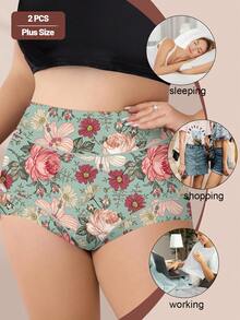 MIOTAN 2条装加大码女式高腰柔软舒适印花三角裤，日常穿着 - 彩色 - 查看 5