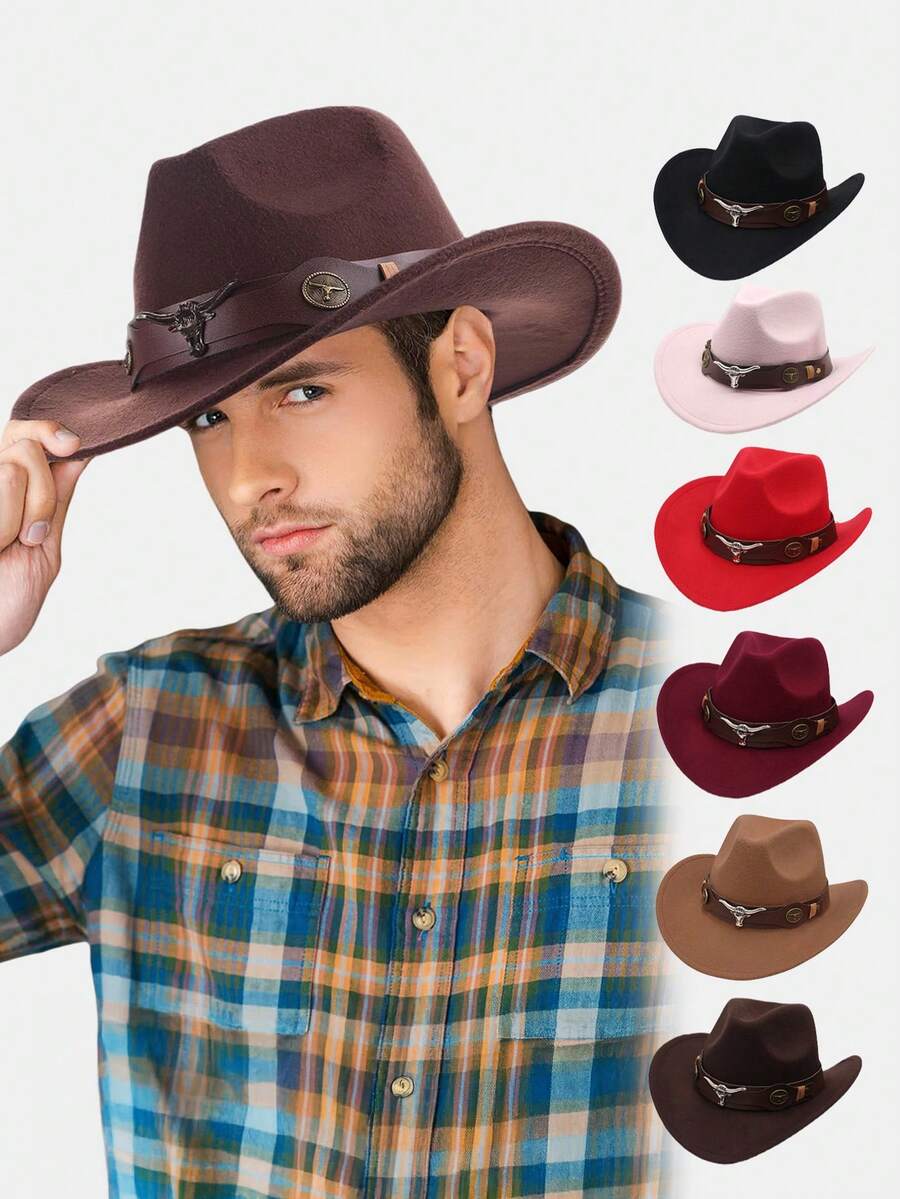 1Pc Western Cowboy Hat For Men Women Classic Roll Up Fedora Hat With Bull Buckle Belt - Style 2 - View 1