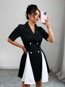 Vestido Linha-A Elegante com Cintura Marcada, Design de Contraste Preto e Branco, Confortável para o Dia a Dia/Trabalho