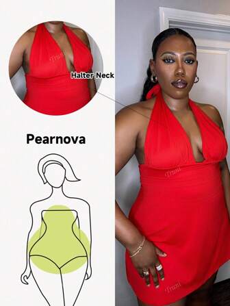 Truni Vestido rojo con tirantes expuestos en la espalda para uso diario, talla grande para mujer