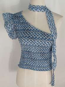 Women's Top With Prints, Casual Daily Wear, For The Summer Beach - Blue and White - View 1