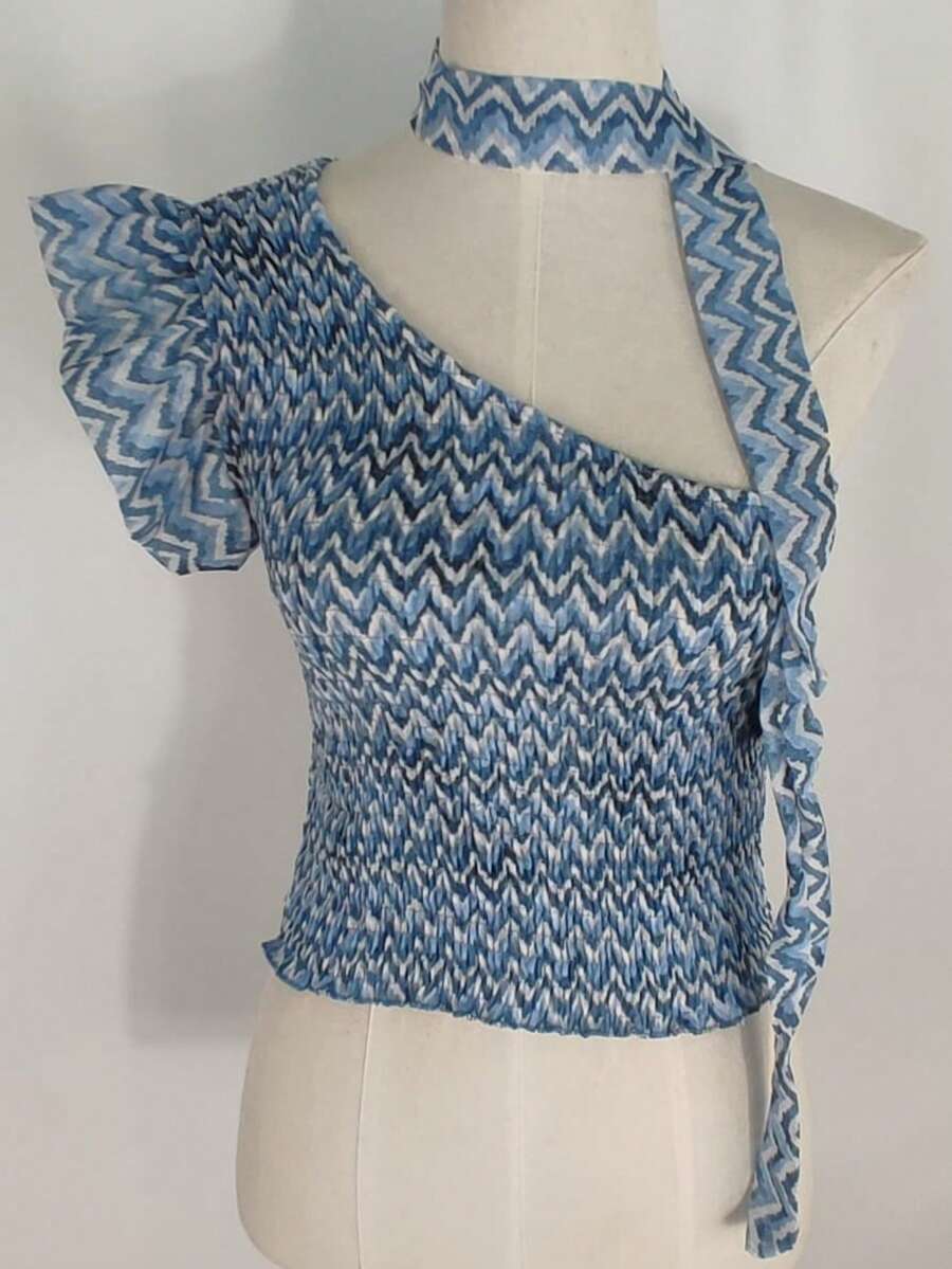 Women's Top With Prints, Casual Daily Wear, For The Summer Beach - Blue and White - View 1
