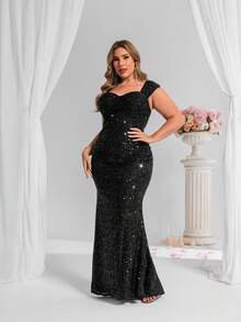 CHOSMO Große Größen neue Sommer Pailletten Hochzeit Frauenkleider, wunderschöne elegante Abendkleider, schlanke Taille lang Frauenkleider, formell, Partykleid, Abendkleid, für Abend, Hochzeitsgast - Schwarz - Übersicht 5
