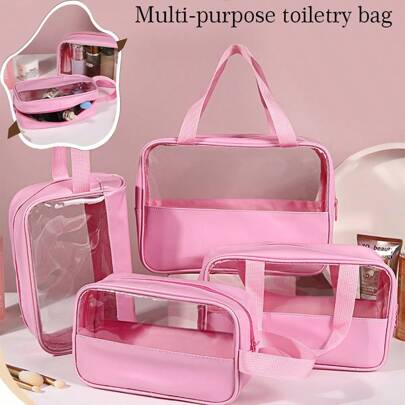 1pc Solid Color Cosmetic Bag, PVC Waterproof Handbag, PU Patchwork Travel Organizer Bag, Semi-Transparent Portable Toiletry Bag, Multi-Functional Storage Pouch, Suitable For All Seasons, Women Ins Style Carry-On Bag