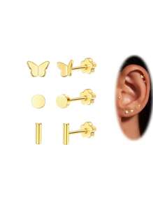 Flower Flat Back Earrings For Women, 14K Gold Cartilage Earring Tragus Helix Small Hypoallergenic Titanium Steel Screw Back Earrings CZ/Ball/Pearl/Dot/Heart/Cross/Butterfly Stud Earrings Jewelry Gift For Her