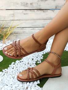 Sandalias planas para mujer, estilo romano de verano con puntera abierta, correa trenzada y diseño sin respaldo, calzado cómodo de verano para uso diario, diseño de puntera abierta a la moda, buena transpirabilidad, sandalias casuales versátiles, apropiadas para combinar con cualquier atuendo - Negro, Blanco, Marrón - Marrón - Ver 4