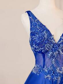 Navy Blue Vintage Sleeveless Deep V-Neck Luxury Lace Embroidery, Waist Mesh Hollow Out Semi-Sheer Dress, Full Hem, Elegant Birthday Or Evening Gown, Formal, Party Dress, For Wedding Guest