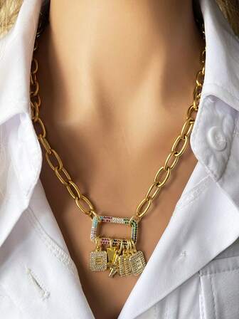 STYLEVER 1PC Gold Square Buckle Letter Necklace, A-Z First Letter Necklace, Pendant Stainless Steel Chain, Suitable For Holiday Gifts