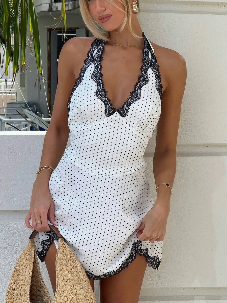 Yuwenier 优雅波点蕾丝边吊带露背无袖连衣裙 A 字飘逸连衣裙 夏季度假连衣裙 沙滩罩衫 浪漫约会之夜连衣裙 婚礼宾客连衣裙 春季派对连衣裙 女士 - 彩色 - 查看 1