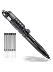 قلم تكتيكي متعدد الأغراض للدفاع عن النفس، من الألمنيوم المحمول، مزود بأداة كسر الزجاج الكربيدي و 5 قطع من أقلام الحبر البديلة السوداء، مناسب للتخييم والطوارئ، وحيادي الجنس (أسود/فضي/ذهبي/رمادي)