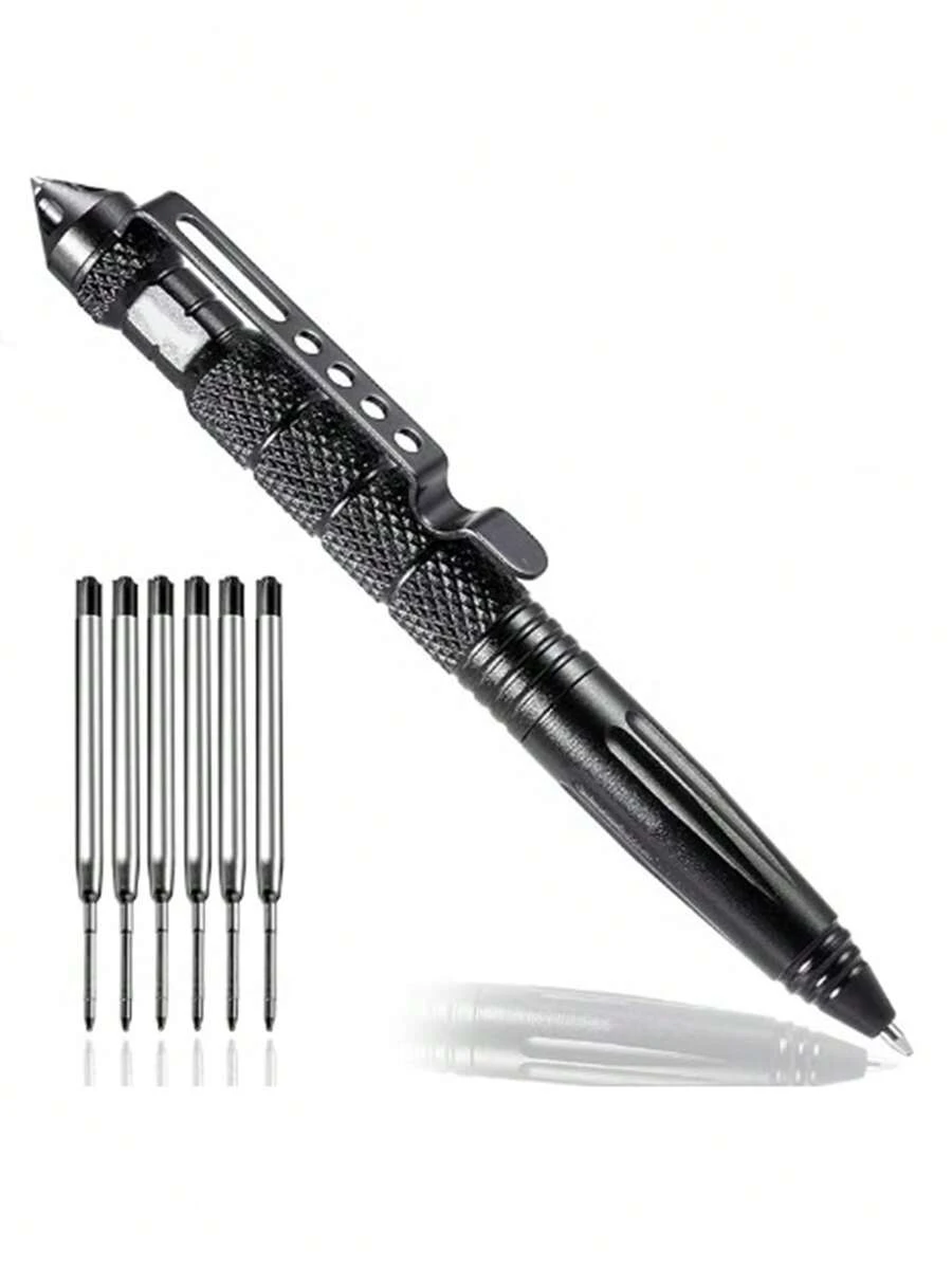 قلم تكتيكي متعدد الأغراض للدفاع عن النفس، من الألمنيوم المحمول، مزود بأداة كسر الزجاج الكربيدي و 5 قطع من أقلام الحبر البديلة السوداء، مناسب للتخييم والطوارئ، وحيادي الجنس (أسود/فضي/ذهبي/رمادي)