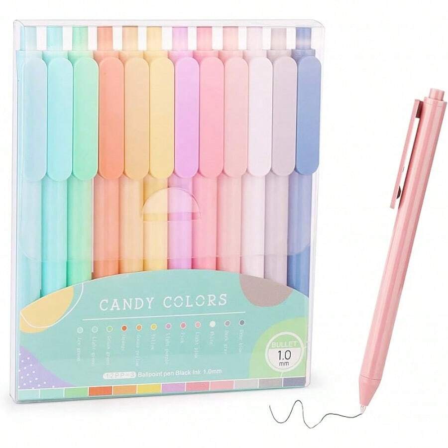 12-Pcs Ballpoint Pens, Comfortable Writing, Pastel Retractable Pretty Journaling, Black Ink Medium Point 1.0 Mm Gift, Cute Office Supplies For Women