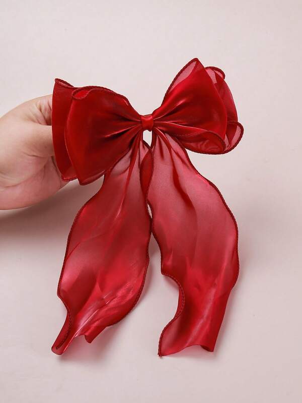 1pc Sweet Red Princess Mesh Big Bow Ripple Streamer Spring Hair Clip, Elegant Soft Spring Accessory