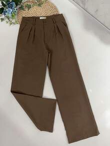 Women's Set: Summer Sleeveless Solid Color Round Neck Top And Wide Leg Pants With Belt And Bag - Rust Brown - View 4