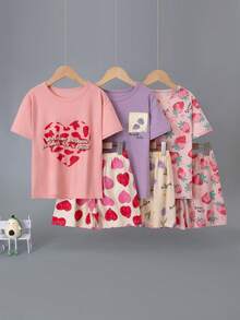 3pcs Girls Sleepwear Set, Pure Cotton Short Sleeve Top And Shorts, Cute Cartoon Design, Lightweight - Multicolor - View 1