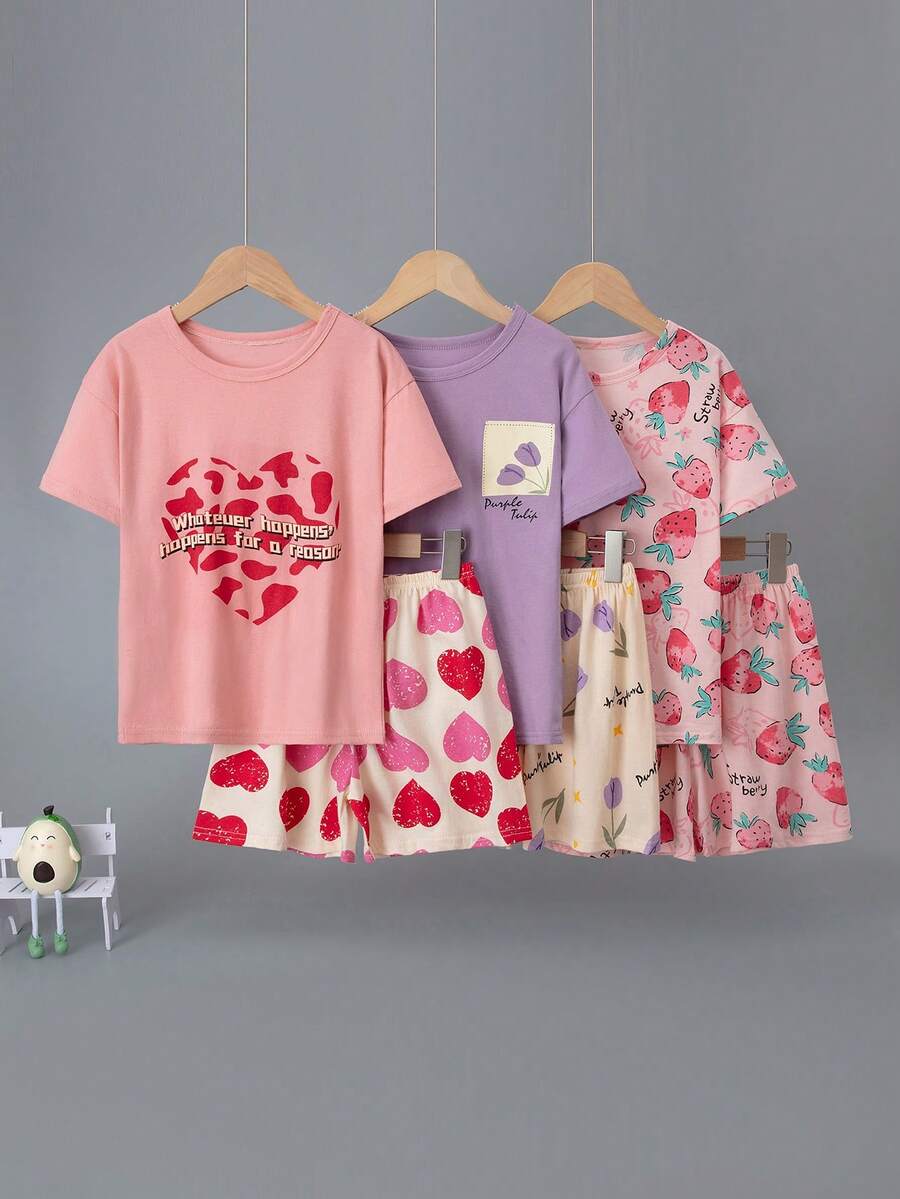 3pcs Girls Sleepwear Set, Pure Cotton Short Sleeve Top And Shorts, Cute Cartoon Design, Lightweight - Multicolor - View 1