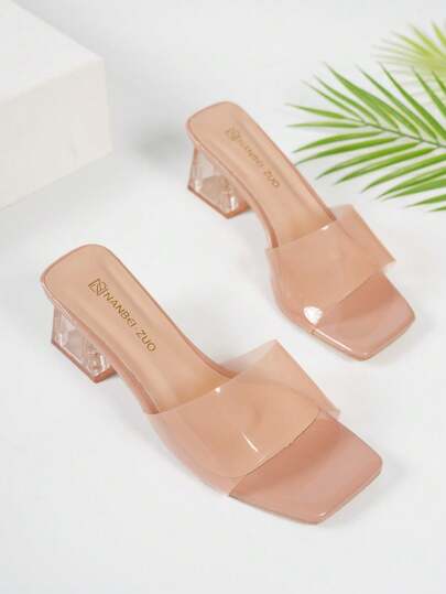 Sandalias de mujer de ajuste ancho con punta cuadrada francesa, tira rosa y tacón de cristal. Sandalias de verano para exteriores con suela antideslizante y tacón grueso, adecuadas para pies anchos y tallas grandes