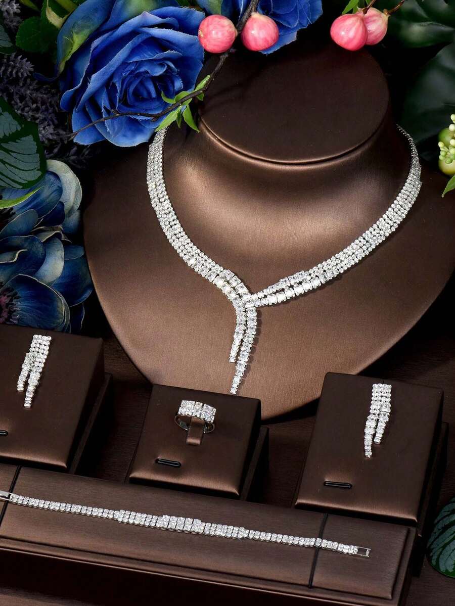 1 套女士优雅流苏方晶锆石首饰套装 - 项链、耳环和吊坠，适合婚礼、日常、派对、购物、礼品、礼服配饰