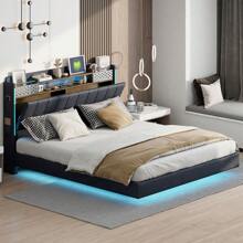 Upholstered Bed 160*200 With Lighting, Headboard With Storage Space, Floating Bed, Youth Bed, Adult Bed, Linen Fabric, Grey - 黑色 - 查看 7