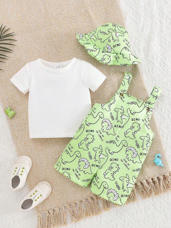 3 Piece Set: Casual Cartoon Dinosaur & Letter Graphic Print Short Sleeve T-Shirt, Bib Shorts, And Hat Outfit, Summer