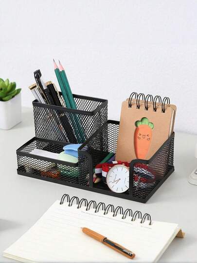 Caja de almacenamiento de papelería de unicolor, organizador de escritorio multifuncional minimalista, adecuado para estudiantes, suministros de oficina, temporada de regreso a la escuela, soporte de bolígrafo hueco para escritorio, papelería de estudiante Cubo de almacenamiento de rejilla colorida multifuncional de alambre de hierro redondo