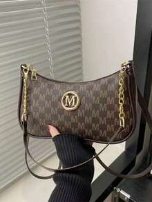 2025年新款时尚经典PU防水面料M字母印花设计金属链条装饰单肩斜挎包。适合购物、钱包、学生、年轻女性、办公室女性。非常适合办公室、大学、工作、商务、通勤、户外活动、旅行和野餐。 - 咖啡棕 - 查看 1