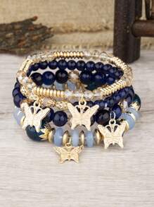 4pcs/Set Bohemian Elegant Delicate Butterfly Charm Beaded Bracelet Set, Suitable For Women's Daily Decoration