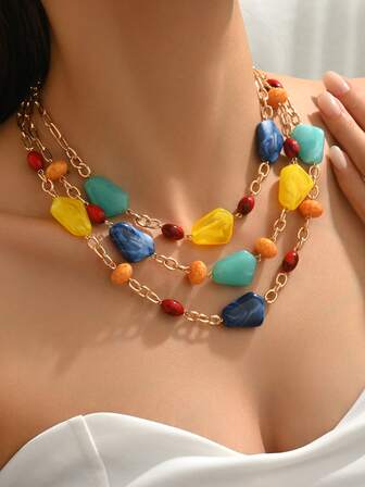 1pc Fashionable & Elegant Bohemian Style Gold Chain Vintage Silver Rose Heart Pendant, Faux Pearl Beaded, Amber Color Faux Jade Resin Block DIY Handmade Layered Necklace For Women. New 2026 Numeric Layered Necklace Pendant, Suitable For Perfectionist Ladies To Wear Casually, At Parties, Or On Vacations. The Resin Blocks Are In Various Colors To Mimic Jade, Each Piece Has A Unique Color.