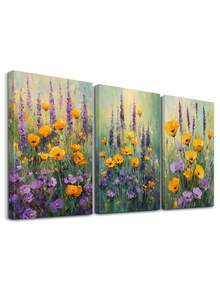3 件鲜艳花朵墙面艺术装饰、花田现代艺术品、自然风景帆布印刷墙画、户外海报、鲜艳色调绘画、春日花开墙面艺术、海报、房间美学、理想礼物、可选裱框 - 3件/套 - 查看 2