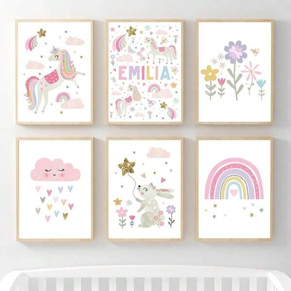 1pc/3pcs Wall Arts Posters Optional Frame Animals Pink Unicorn Rabbit Rainbow Cloud Flower Nursery Wall Art Canvas Painting Posters And Prints Wall Pictures Baby Kids Room Decor