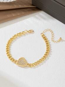 1pc Metal Beach Style Thick Chain Rhinestone Heart Pendant Anklet, Daily Wear & Beach Jewelry For Women - Yellow Gold - View 2