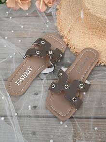 1 Pair Girls Open Toe PU Leather Flat Non-Slip Bottom Slide Sandals, Comfortable Fashion Suitable For Summer Outdoor, Beach