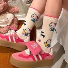 Sanrio 1Pair Sanrio For Hello Kitty & Friends Women'S Kawaii Cat Crew Socks - Cute Cartoon Designs, Breathable Polyester, Perfect For Work & Casual Wear, Available In Multiple Colors, Cute Socks