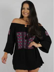 Embroidered Long Sleeve Shoulder To Shoulder Smock MHI-320 - 黑色 - 查看 1