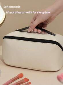 Large Capacity Travel Makeup Bag, Made Of PU, Stylish & Appearance, Portable Handheld Storage, Multifunctional Toilet Pouch