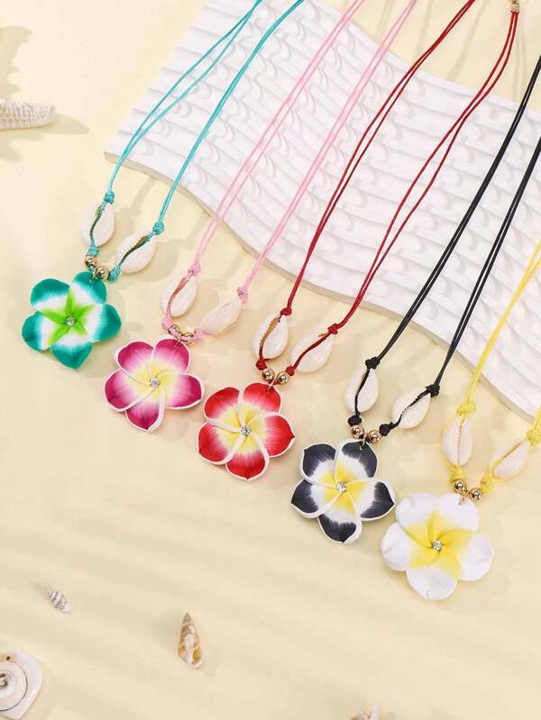 Beryohz 1pc Minimalistic Shell Rhinestone Soft Clay Fortune Flower Decor Wax Rope Necklace, Suitable For Women For Vacation Wear