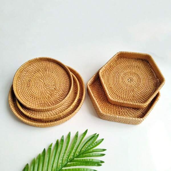 1pc 9.45-Inch Diameter X 1.57-Inch Height Woven Rattan Round Serving Tray, Decorative Storage Organizer Tray