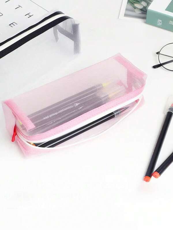 1pc Mesh Nylon Pencil Case, Student Stationery Bag, Women Cosmetic Organizer Pouch, Makeup Storage Bag, Office Supplies,Back To School,School Supplies,Pencil Pouch,School Bag