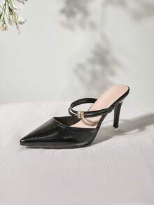 软头环扣女士穆勒鞋，新款优雅女士露趾粗跟高跟鞋，适合约会、购物、派对、正式场合、工作、圣诞节、冬季圣诞礼物 - 黑色 - 查看 5