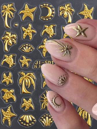 1 件全新 3D 浮雕美甲贴纸，夏季复古金箔棕榈树、海龟、海星
