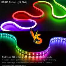 5V RGB IC霓虹LED灯带，USB霓虹灯绳，带音乐同步功能，1米/2米/3米/4米/5米可选，防水柔性灯带，带蓝牙遥控器，适用于酒吧、卧室、厨房、客厅、游戏室、户外装饰，也适用于生日派对、露营、万圣节、圣诞节装饰。