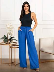 Simple Casual Drawstring Pocket Trousers Daily Winter Pants - Xanh đậm - Xem 4