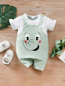 Baby Boy Cartoon Elephant Print Short Sleeve Strap Jumpsuit, Unisex Baby Romper, Spring/Summer - Green - View 1
