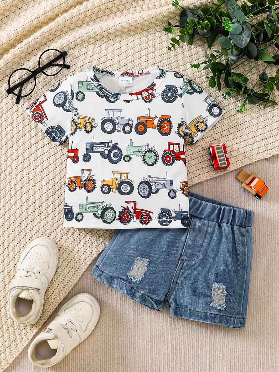 2 sztuki/zestaw dla chłopców, letni T-shirt z okrągłym dekoltem i nadrukiem w kształcie samochodu z kreskówek oraz modne sprane spodenki jeansowe