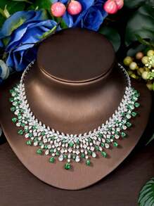 1 Set Dazzling Green Gemstone Necklace Earrings 4pcs Suit, Cubic Zirconia Suitable For Party, Cocktail, Wedding, Bride, MC Formal Dress Accessories