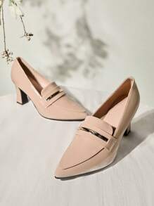 Women Minimalist Loafers, Artificial Patent Leather Point Toe Chunky Heeled Elegant Pumps